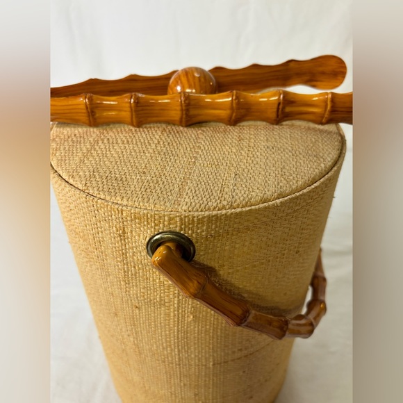 VINTAGE MCM 60s Collectible Americana Faux Bamboo Handles Cane Woven Ice Bucket - Picture 11 of 11